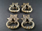 4 Brass Handle Pulls, Ornate Drop Ring, bolts and Rosette Backplate 1-1/4" #H14