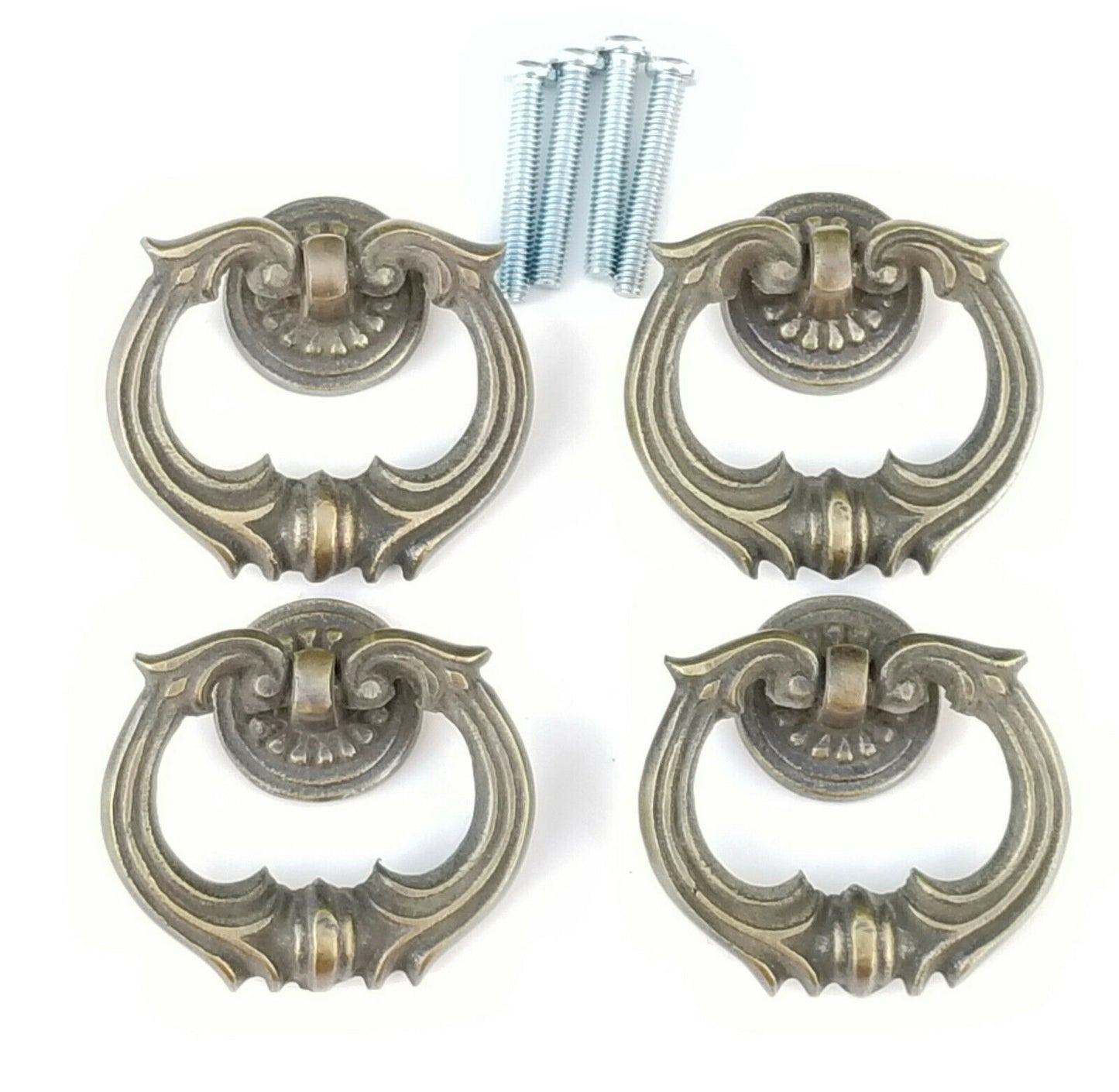 4 Ornate Handles Pulls w Detailed Drop Ring Antique Vintage Style 1-3/4" #H10