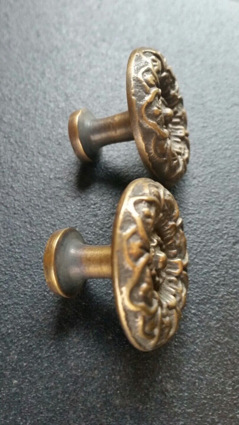 2 Antique Vict. Style Solid Brass ROUND KNOBS Ornate FLORAL 1-1/4" dia. #K25