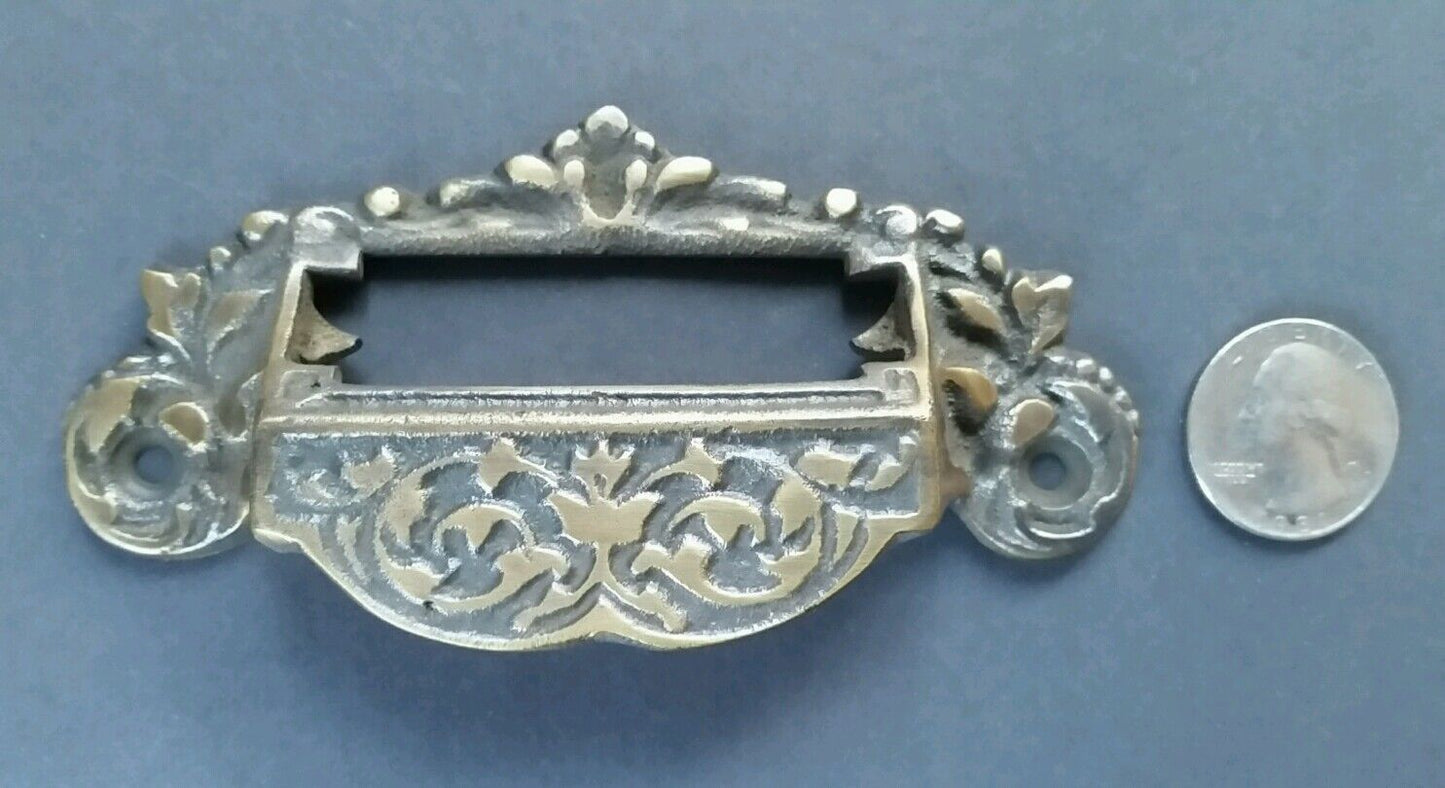 4 Victorian Antique Style Apothecary Bin Pull Handles w.label holder 3-3/4"c #A7
