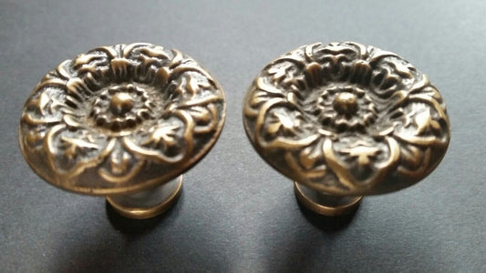 2 Antique Vict. Style Solid Brass ROUND KNOBS Ornate FLORAL 1-1/4" dia. #K25