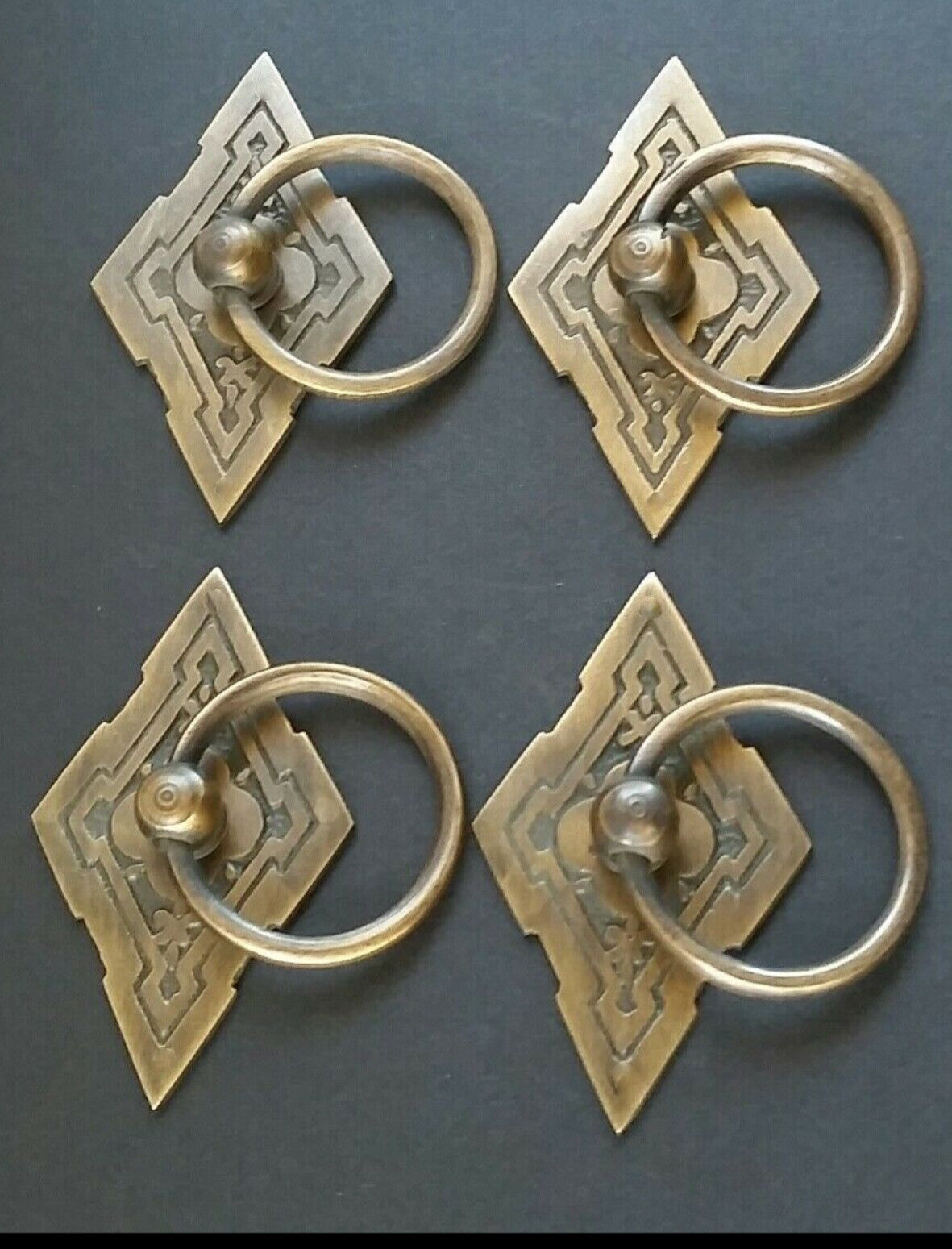 4 x Eastlake Antique Style Brass Ornate Ring Pulls Handles 2-3/8" wide #H15