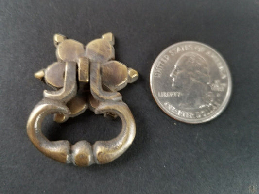 4 Brass Handle Pulls, Ornate Drop Ring, bolts and Rosette Backplate 1-1/4" #H14