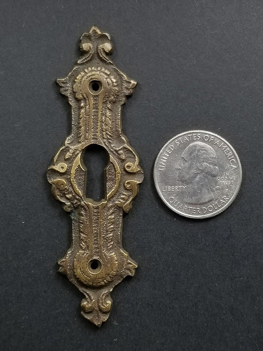 2 Antique Style Brass French Escutcheons Hardware Ornate  Keyhole 3 1/4" #E20