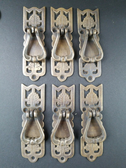 6 Ornate Leaf Victorian Style Brass pendant Handle drawer pulls 3 3/8" #H21