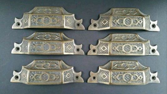 6 Ant. Vtg. Style Brass Victorian Apothecary Bin Pull Handles 3-3/4ctrs 4.5"w#A6