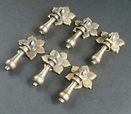 6 Antique Tear Drop Pendant Brass Handle Pulls w. screws Floral Back 2-1/2"l #H4