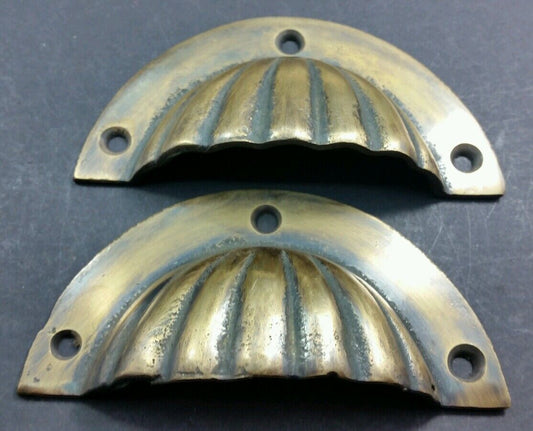 2 Antique Bin Cup Pull Drawer Handle Fluted Design Solid brass 2-3/4" ctrs #A13