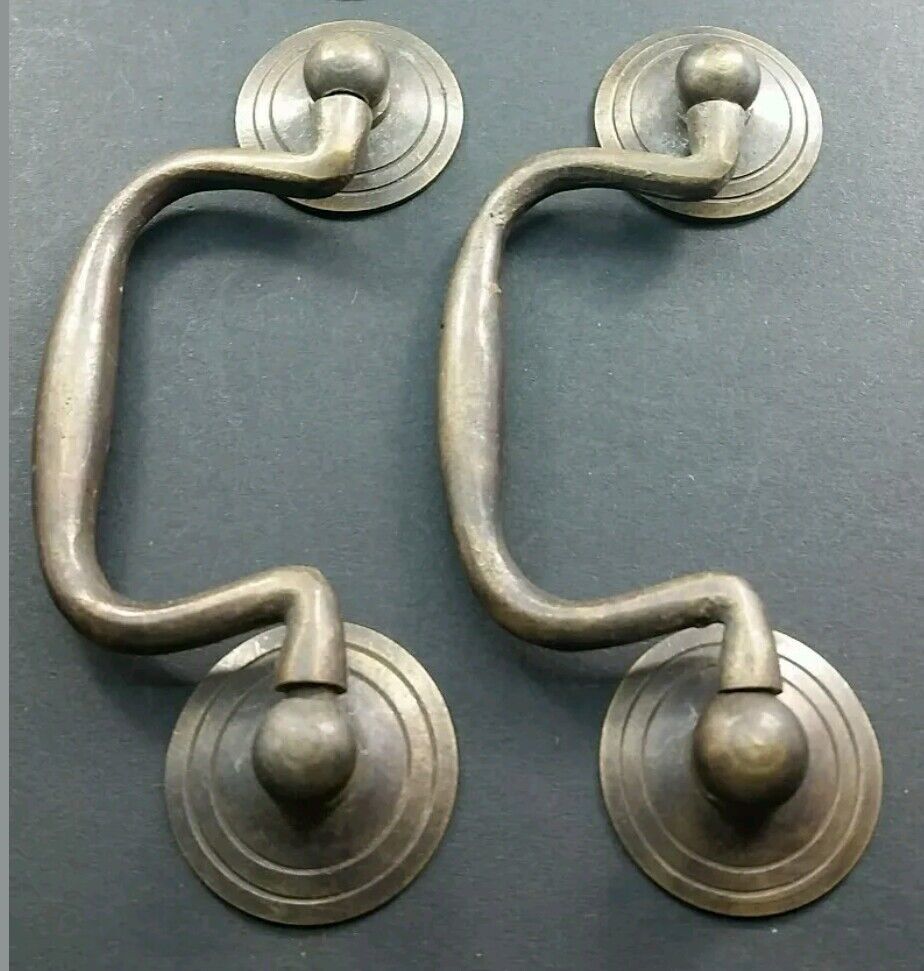 2 Antique Brass Swan Neck Bails Cabinet Drawer Pull handles approx. 3" cntr #H39