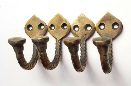 4 Solid Brass Antique Style Single Coat Hat Towel Hooks Twisted Rope 2-1/4" #C6