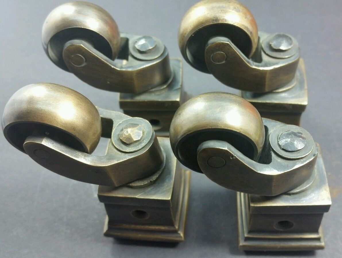 4 Vintage Style SOLID BRASS Strong Swivel Caster Wheels Brass Square Leg Cap #W1