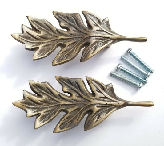 2 Unique Antique Style solid brass Oak Leaf handles 4"long #P8