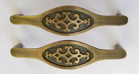 2 Vtg Retro style Brass Cabinet Cupboard Kitchen Handles Pulls 3-1/2"ctr. #P22