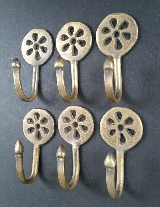 6 x Brass Antique Style Small Single Coat Hooks Floral Daisy Ornate 2-3/8"l. #C5