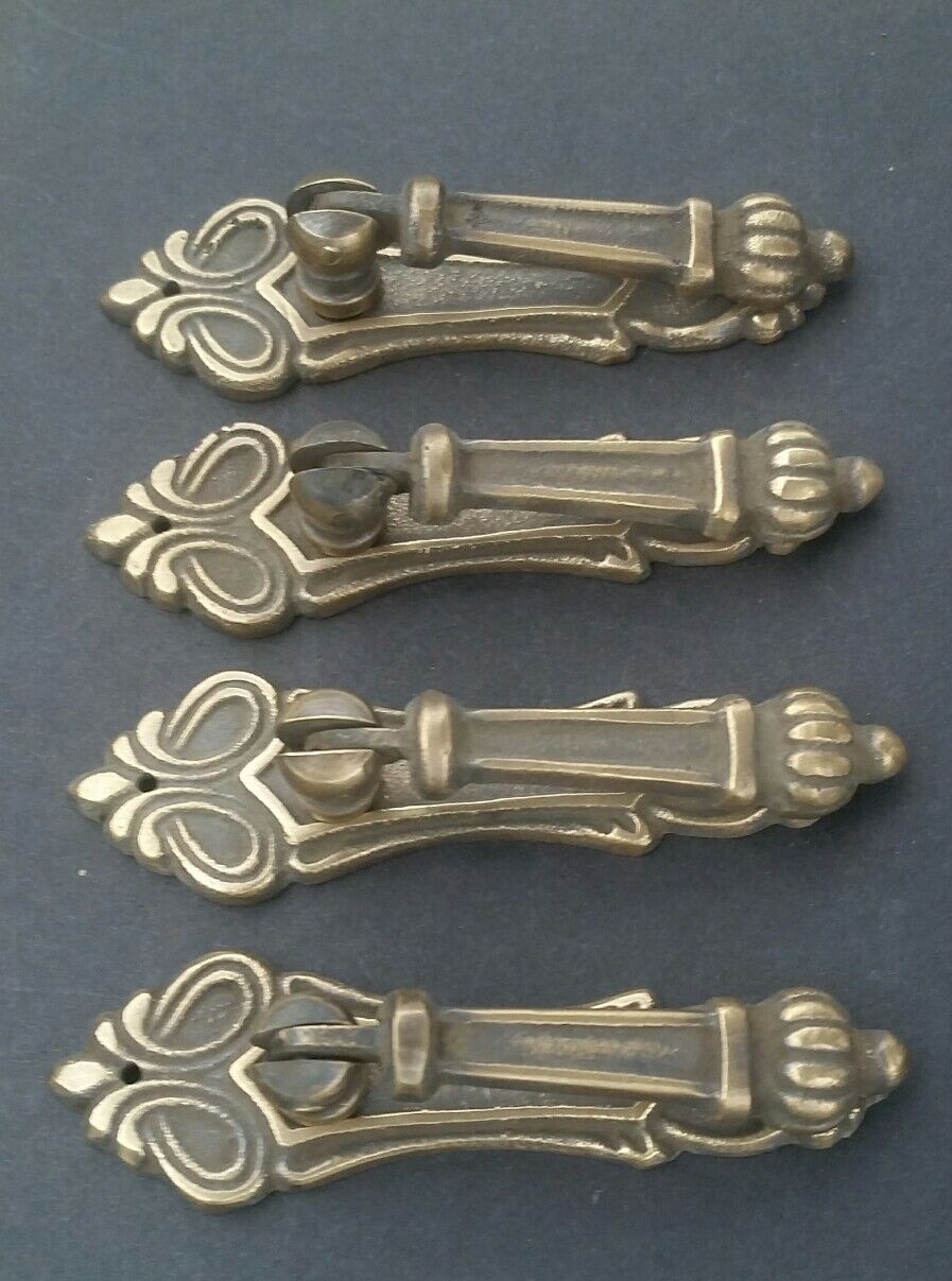 4 Antique Style Vertical Brass Ornate Pendant Drop Pull Handles 3 1/4" #H7