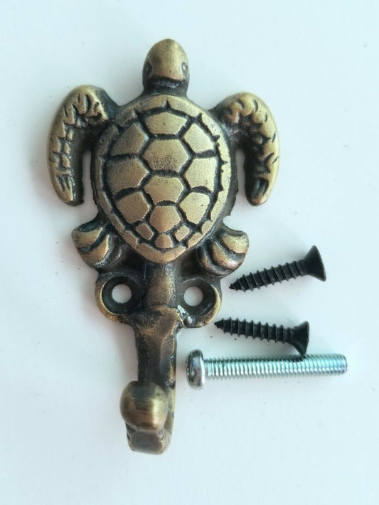 2 Sm.Sea Turtle Coat Hat Towel Hooks Solid Brass Antique Vtg style 2-1/2"l. #C19