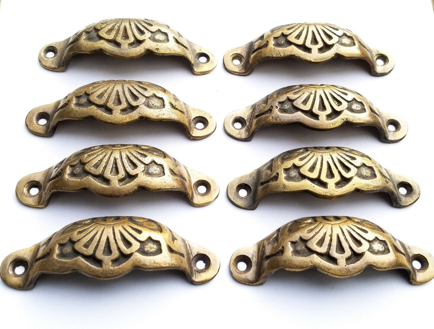 8 Apothecary Drawer Cup Bin Pull Handles Brass Ant. Victorian Style 3"cntr.  #A2