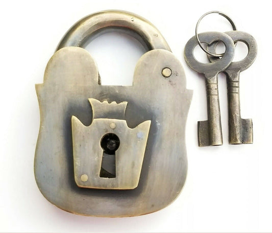 Large 4" PADLOCK Vintage stye old antique Solid Brass with 2 Skeleton Keys #L5