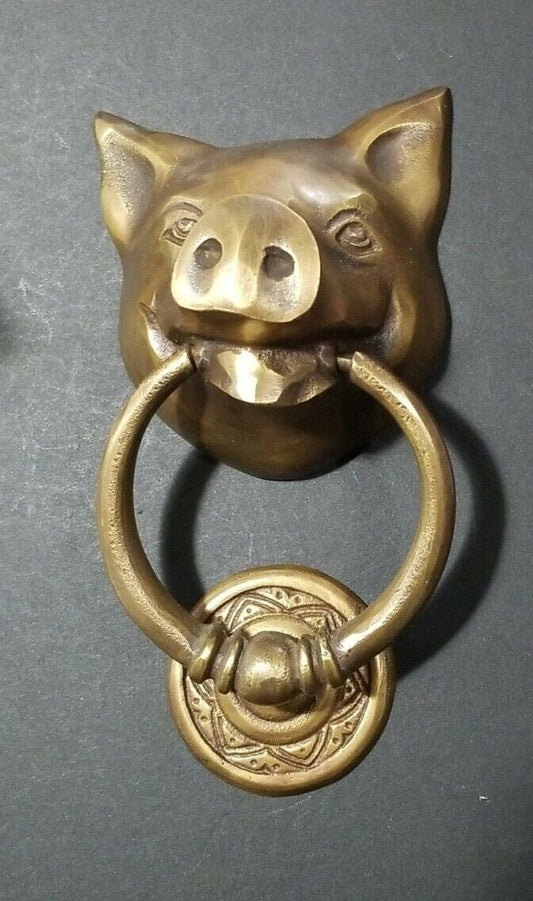 Unique PIG HEAD Door Knocker Solid Tarnished Brass 6" long #D4