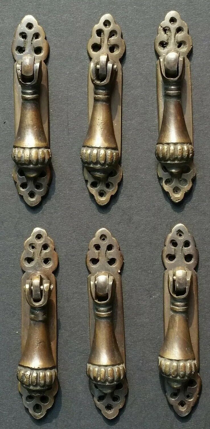 6 x Antique Style Vertical Brass Ornate Pendant Drop Pull Handles 2-7/8" #H6
