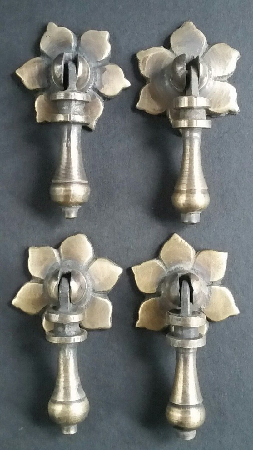 4 Antique Tear Drop Pendant Brass Handle Pulls w.4 Bolts Floral Back  2 1/2" #H4
