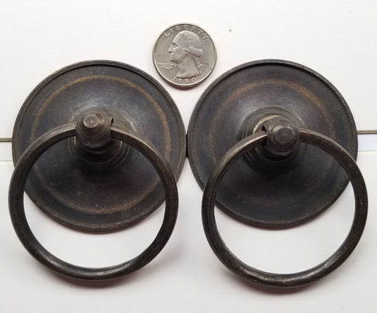 2 Rustic Antique Large Brass Round Rng Pull Handles 2-3/8" backplate ,bolts #Q9