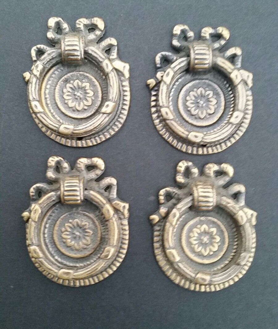 6 x  ornate round ring pull handles with detailed ribbon backplate 1 5/8" #H23