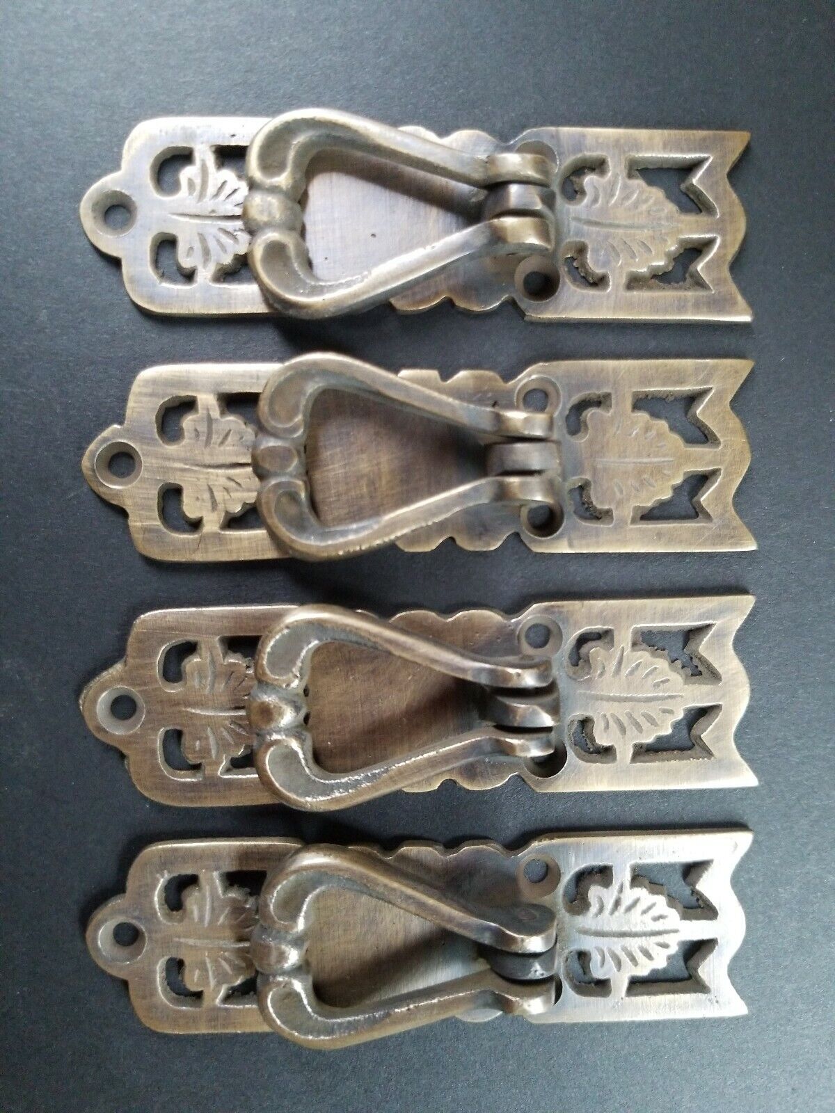 4  Ornate Leaf Vict. Style Brass pendant Handle drawer pulls 3-3/8" #H21