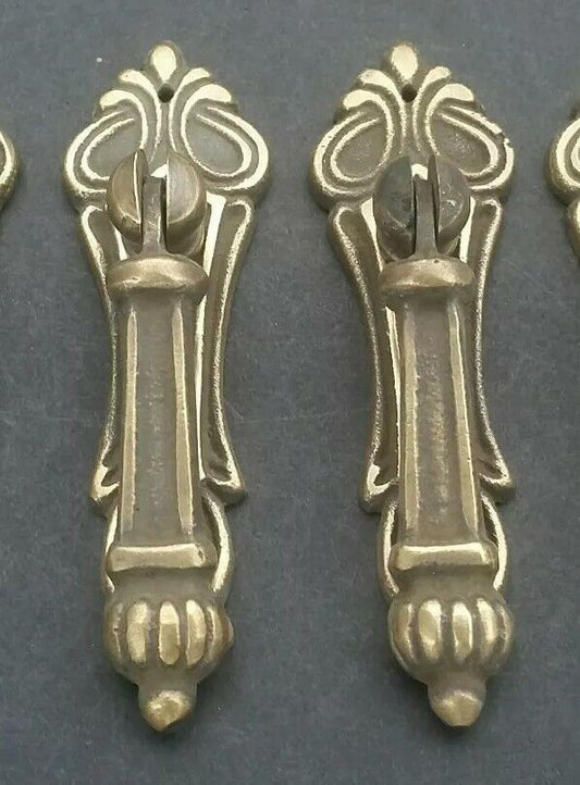 2 x Antique Style Vertical Brass Ornate Pendant Drop Pull Handles 3 1/4" #H7