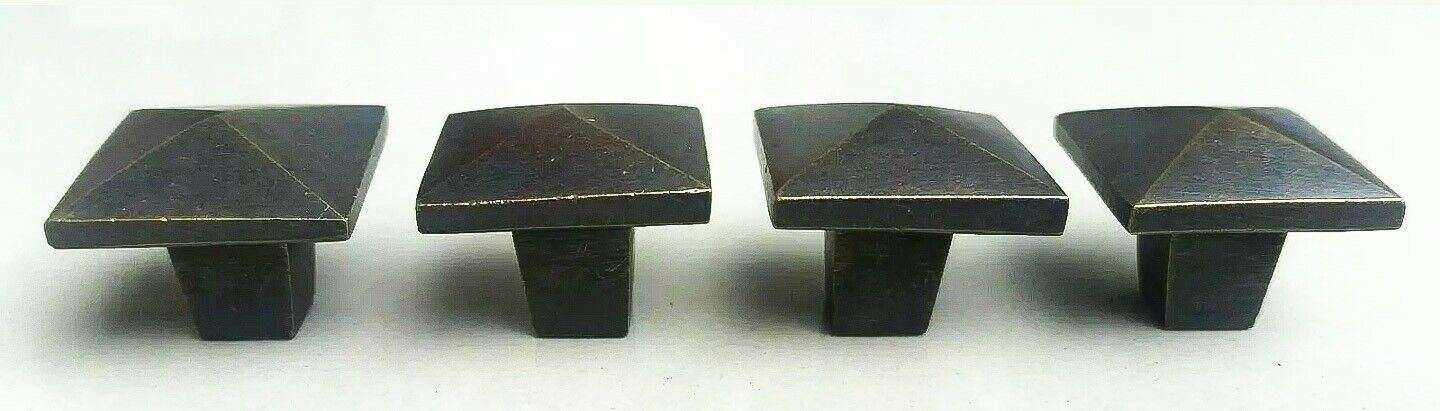 4 peaked square Arts and Crafts Mission knobs pulls 7/8" solid tarnish brass #K7