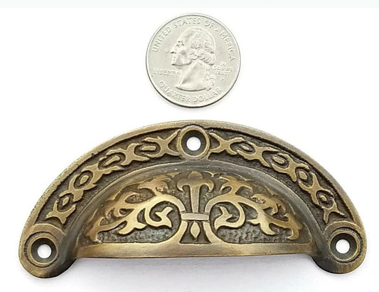 2 Antique vtg. Style Victorian Brass Apothecary Bin Pulls Handles 3" cntr #A5