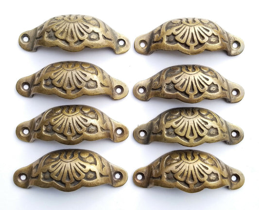 8 Apothecary Drawer Cup Bin Pull Handles Brass Ant. Victorian Style 3"cntr. #A2
