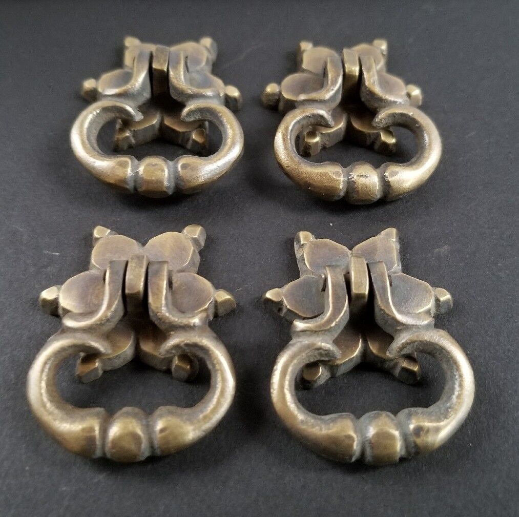 6  Brass Handle Pulls, Ornate Drop Ring, bolts and Rosette Backplate 1-1/4" #H14