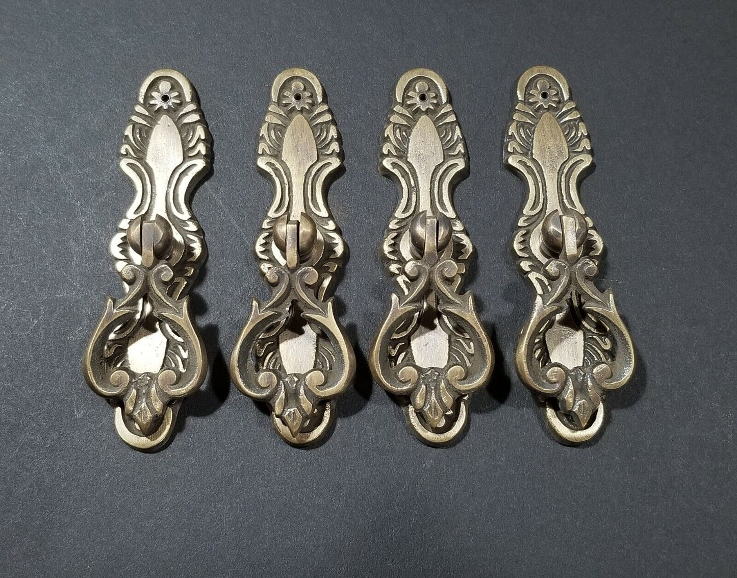 4 x tear drop brass handle pulls w. screws 3 3/4" floral backplate vert/horz #H9