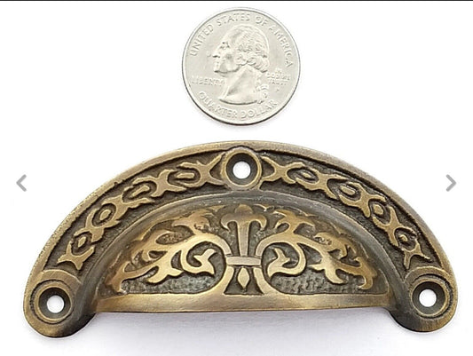 4 Antique vtg. Style Victorian Brass Apothecary Bin Pulls Handles 3" cntr. #A5