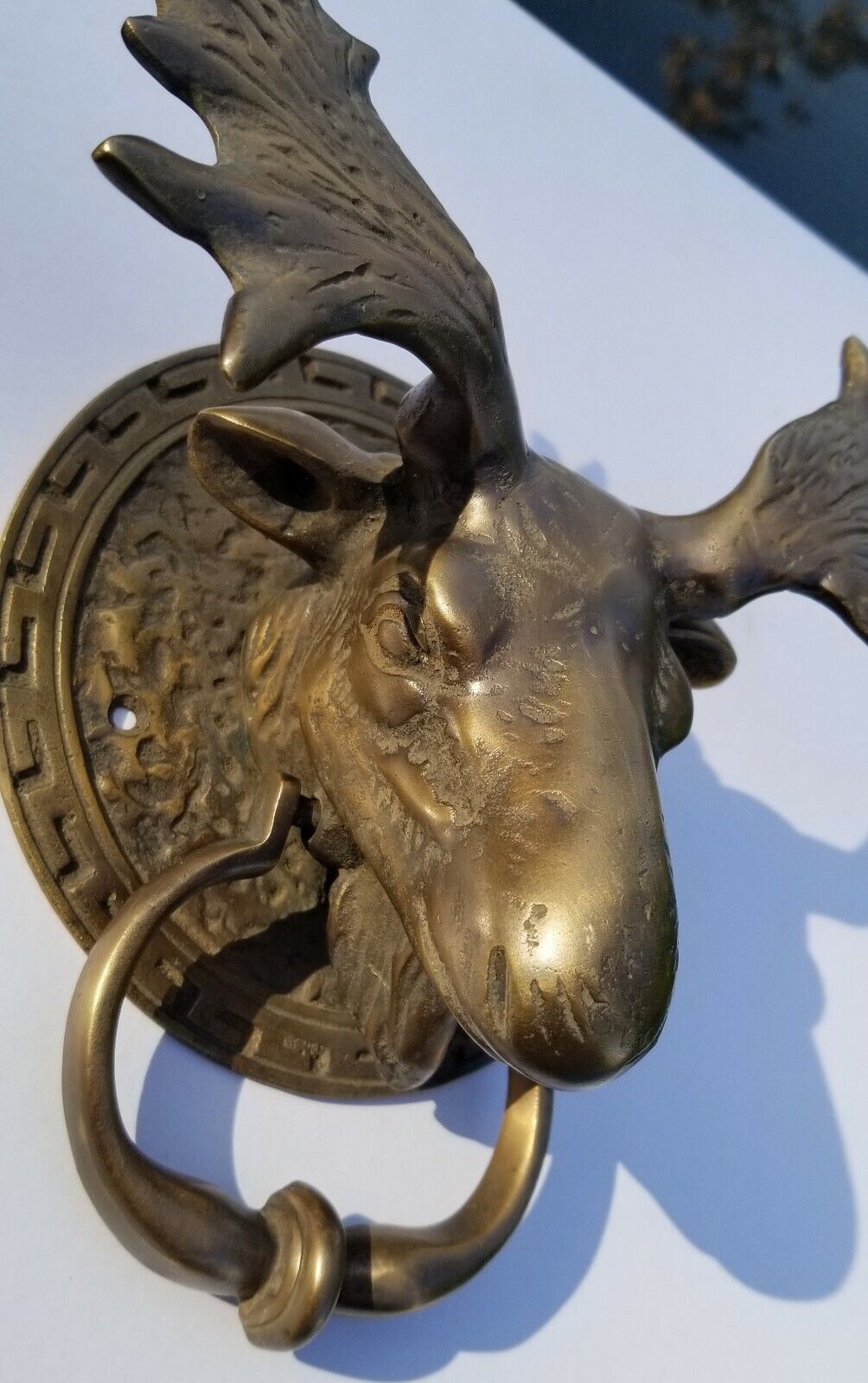 Moose Head Rustic Door Knocker Large Solid Brass, Ornate Detail 8-1/2"  #D5
