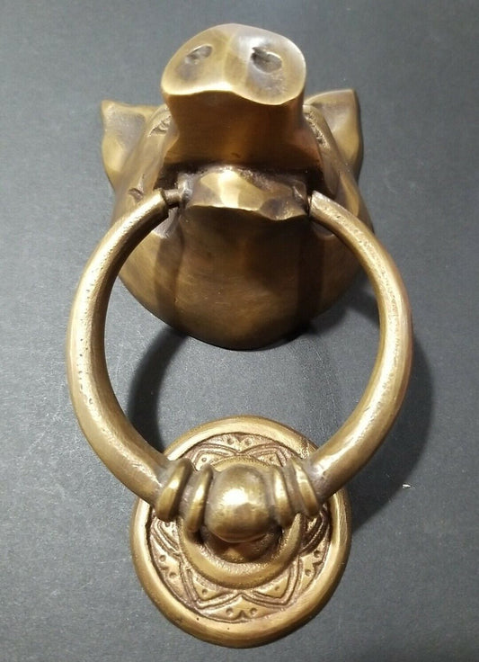 Unique PIG HEAD Door Knocker Solid Tarnished Brass 6" long #D4