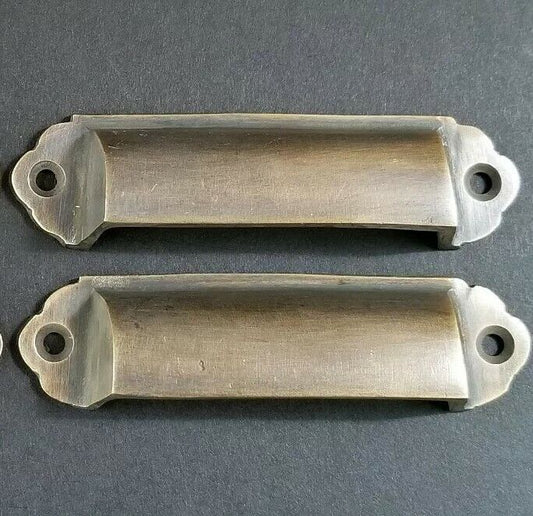 2 Antique Vintage Style Brass File Cabinet, Bin Pull Cup Handles 3-1/8" ctr #A18
