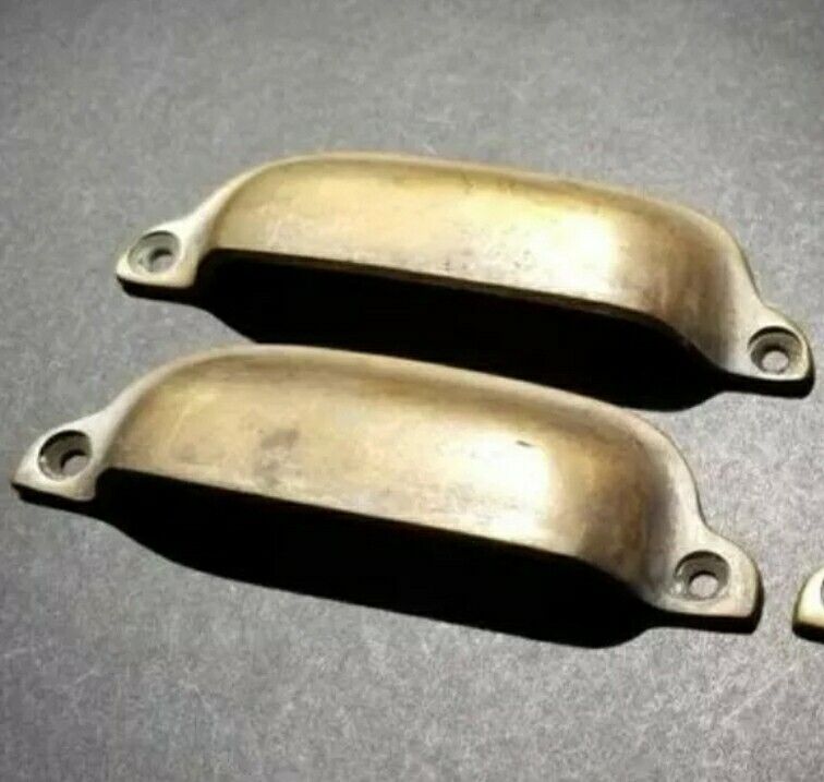 2 x Ant. Vintage Style Brass File Cabinet, Bin Pull Cup Handle 3-3/8" ctr #A19