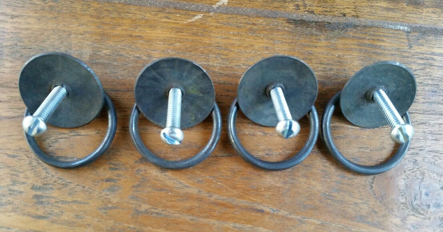 4 Rustic Antique Style Brass Round Ring Pull Handles 1 1/8" round backplate #H40
