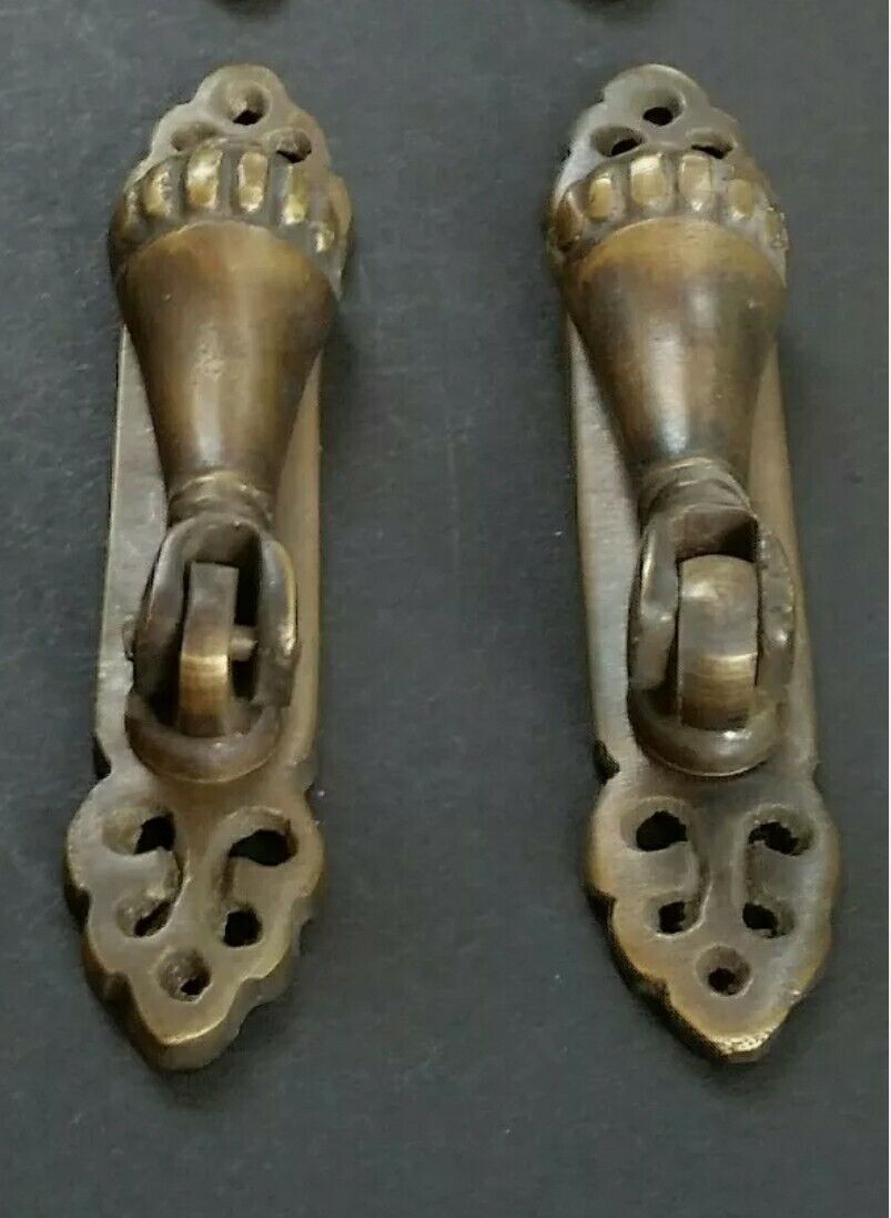 2 antique style vertical brass ornate pendant drop pull handles 2-7/8" #H6