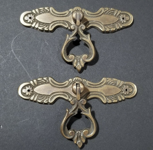2 x Antique Style Tear Drop Brass Handle Pulls 3-3/4" Floral Backplate #H9