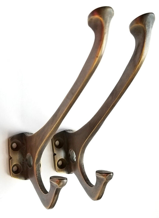 2 Antique Style Arts and Crafts Mission Coat Hat double hooks 4" solid brass #C7