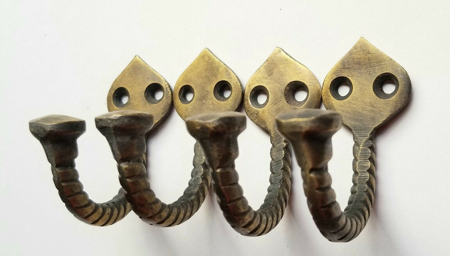 4 Solid Brass Antique Style Single Coat Hat Towel Hooks Twisted Rope 2-1/4" #C6