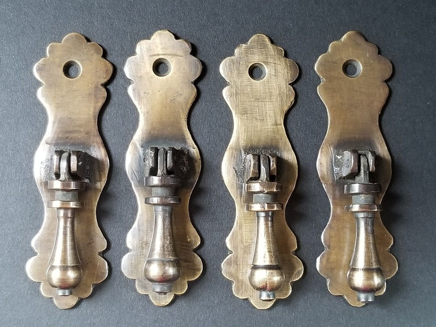 4 Ornate teardrop pendant Brass Handles drawer pulls scalloped back 3 3/4" #H41