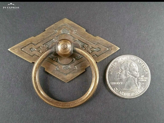 4 x Eastlake Antique Style Brass Ornate Ring Pulls Handles 2-3/8" wide #H15