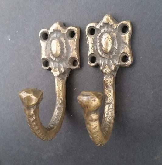 2 Single Coat Hat Hooks Unique Antique Style Ornate Backplate 2" long #C4