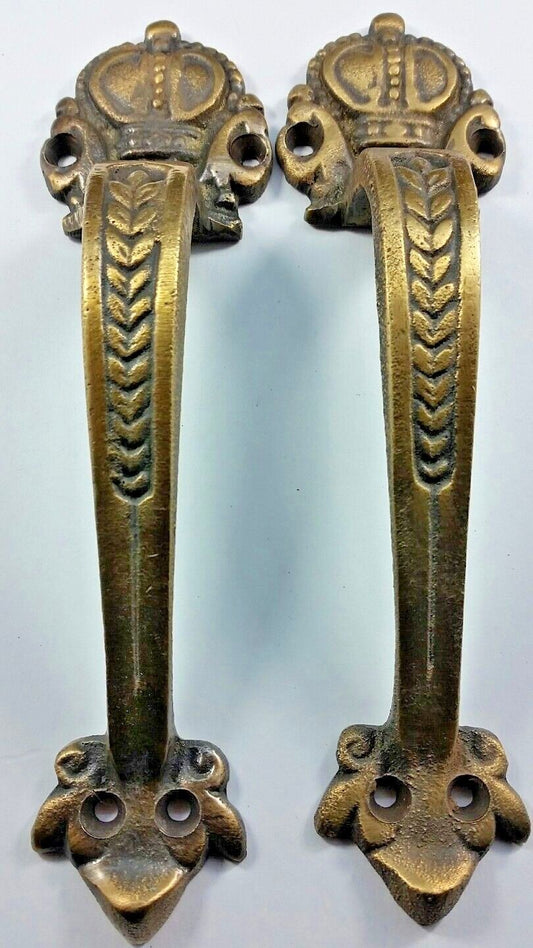 4 x #P10 Solid Brass large Crown Handles 6-3/4" Pulls Door Cabinet Ant. Style