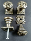 4 Ornate Antique Style, Art Nouveau,Solid Brass Knobs, Pulls Hardware w. 1" Back Plate and bolt #K5