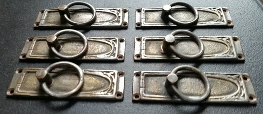 6 Ornate Brass Ring Pull Handles w. Acanthus Leaf design vertical 3 3/4" #H36